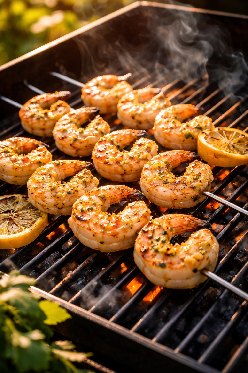 Skewered shrimp with garlic-lemon glaze and char on a grill.