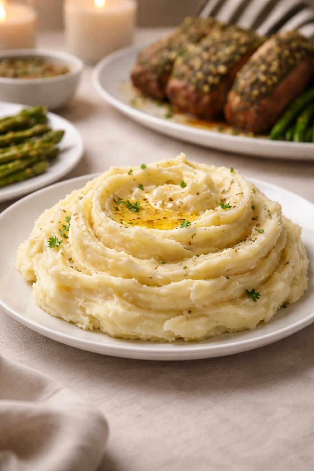 Creamy garlic mashed potatoes plated elegantly as a refined side dish.