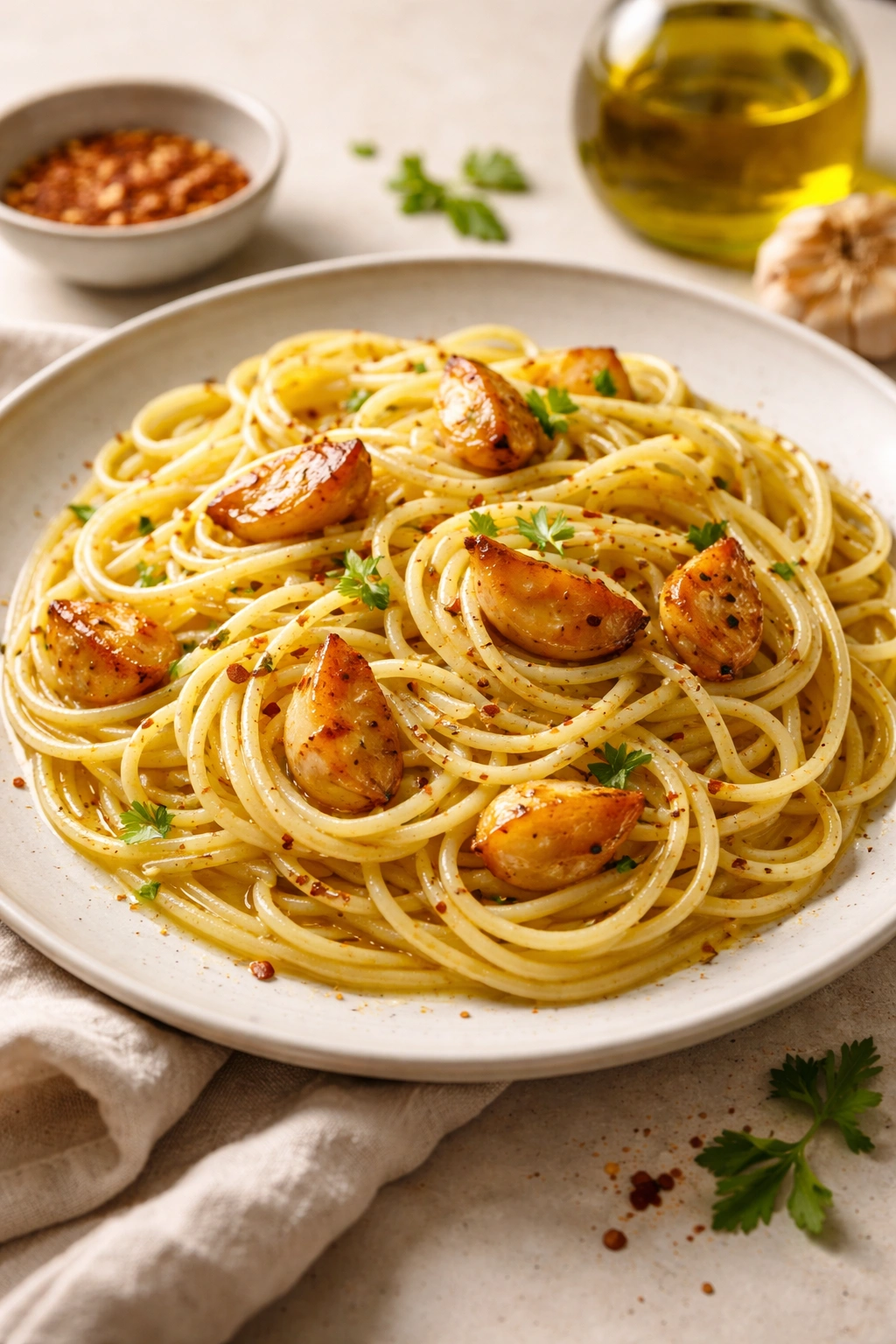 Pasta with roasted garlic and olive oil on white plate