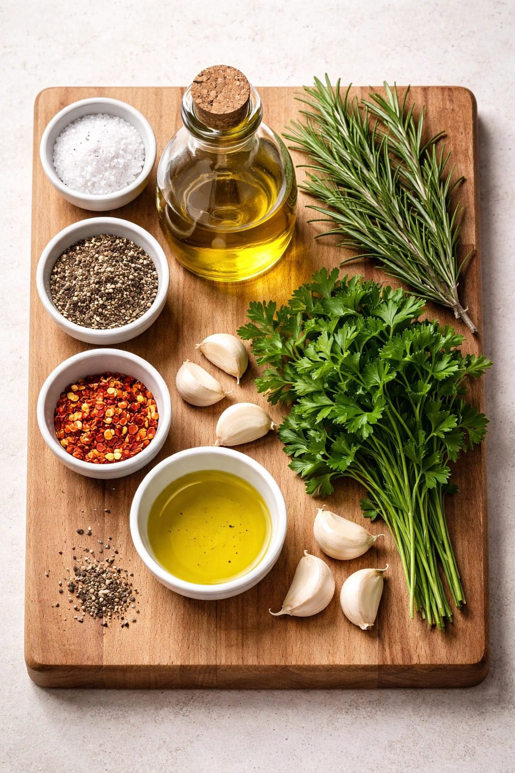 Ingredients for restaurant-quality lamb arranged on wooden board