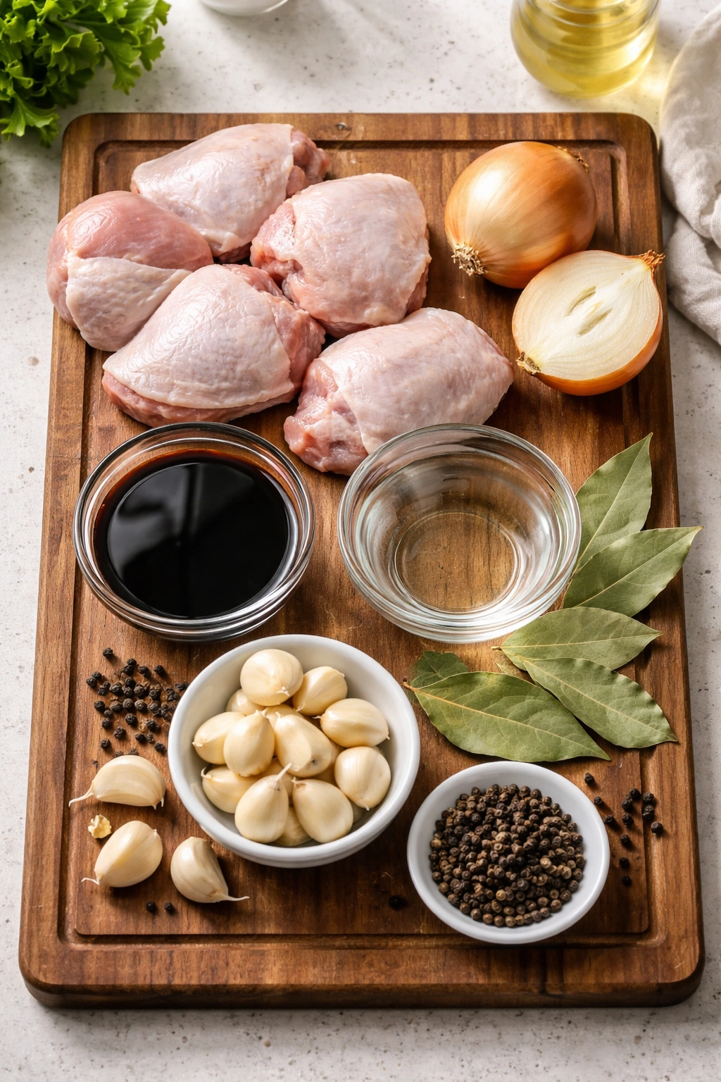 Top-down view of garlic, onion, bay leaves, peppercorns, soy sauce and vinegar