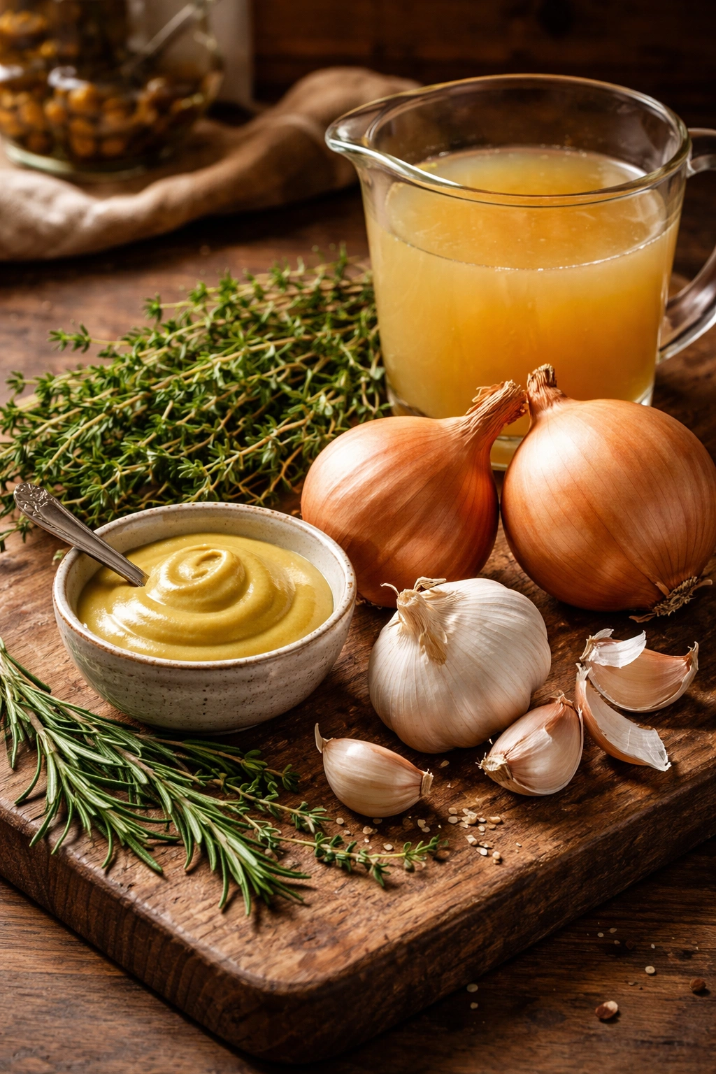 Still-life of garlic, onions, herbs, mustard, and stock.