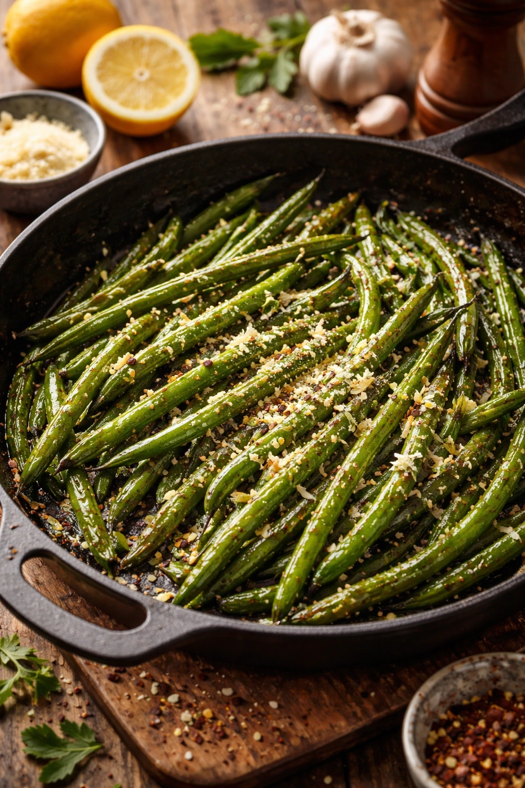 Green beans with garlic and Parmesan on a skillet, showcasing flavorful variations