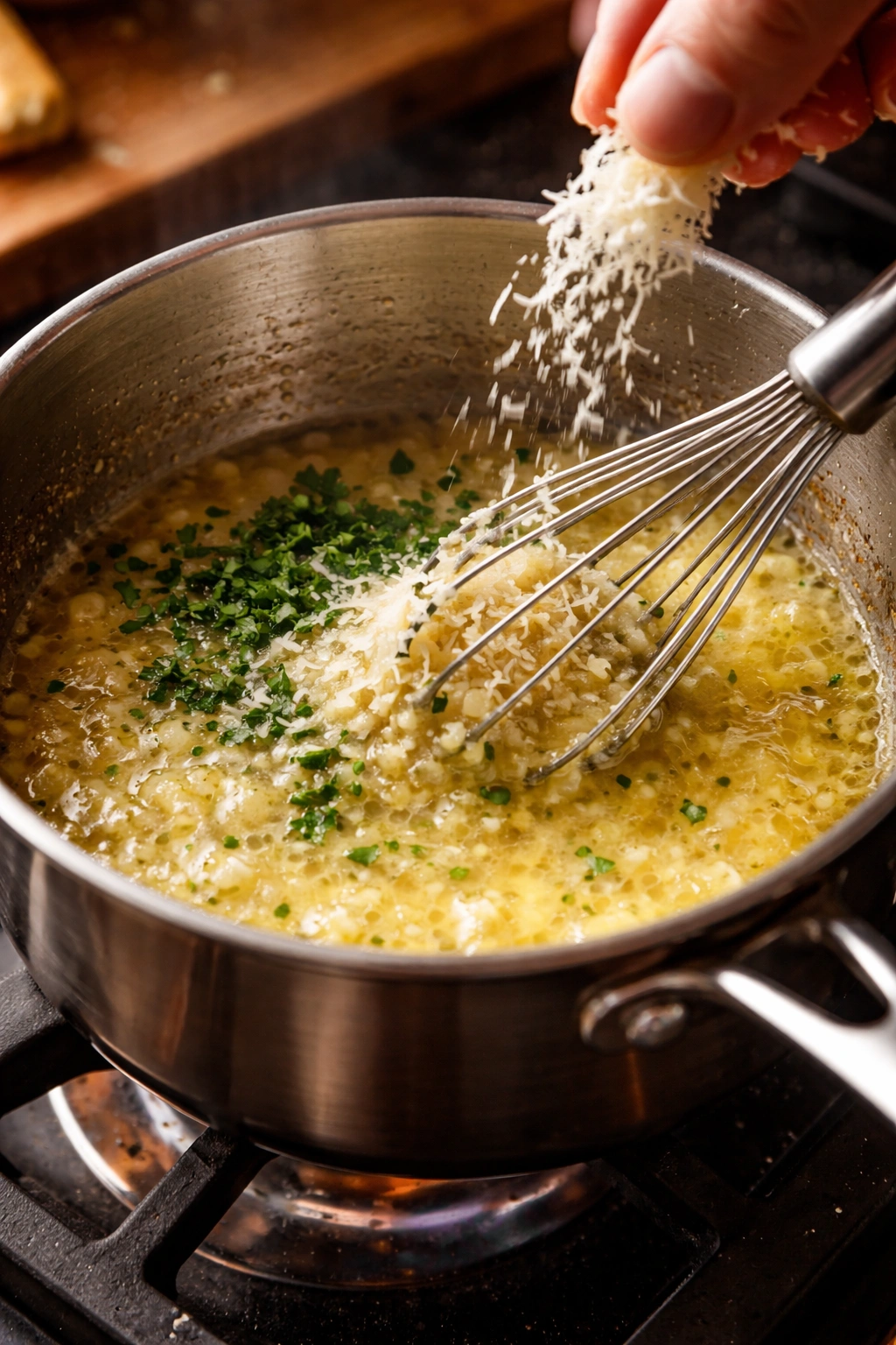 Close-up of melted butter with garlic and Parmesan forming a silky garlic parmesan sauce