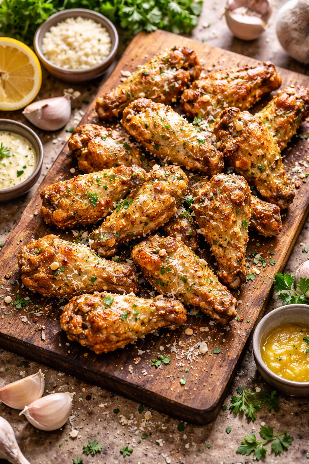 Close-up of crispy garlic parmesan wings on a wooden board