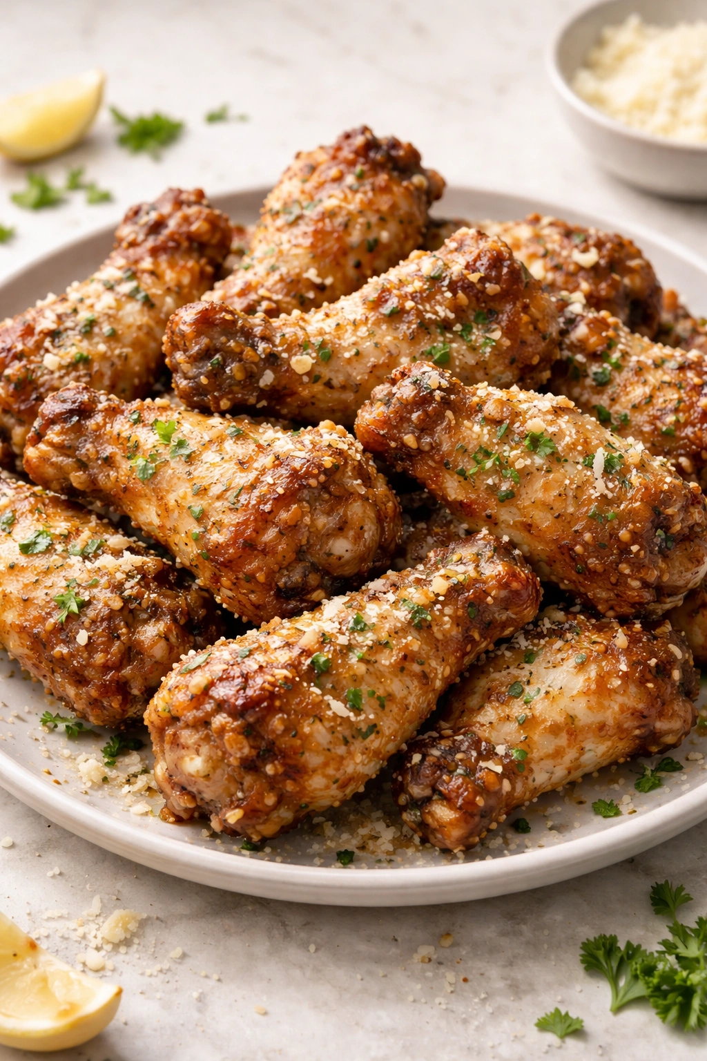 Garlic Parmesan chicken wings with melted garlic butter and parmesan