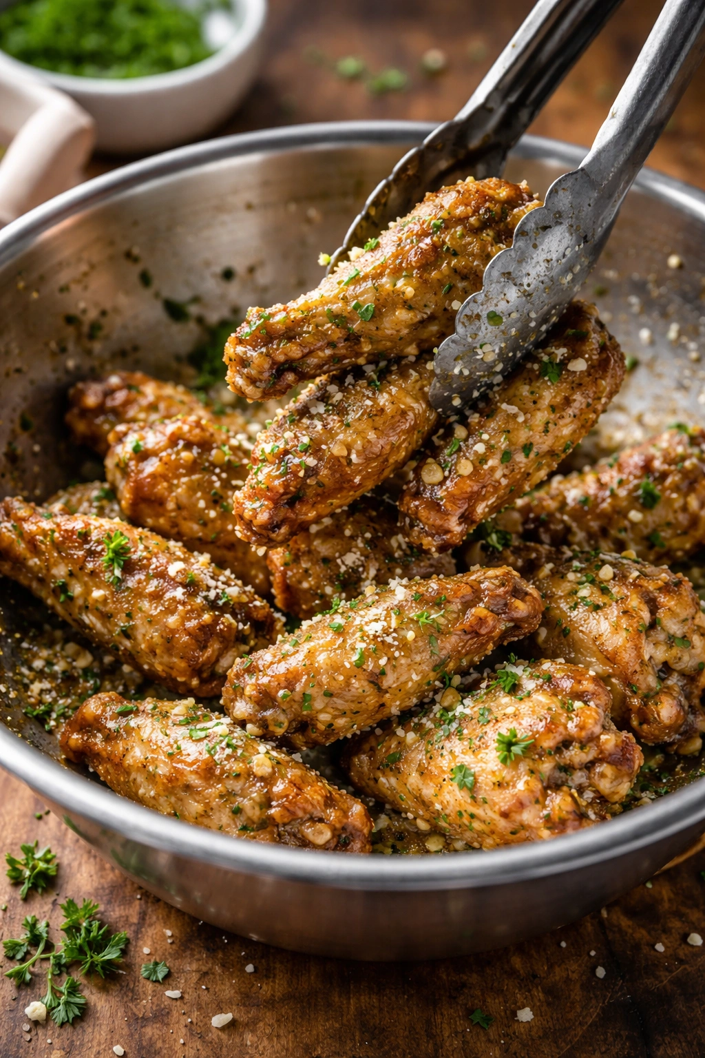 Wings coated in glossy garlic parmesan sauce being vigorously tossed in a large bowl