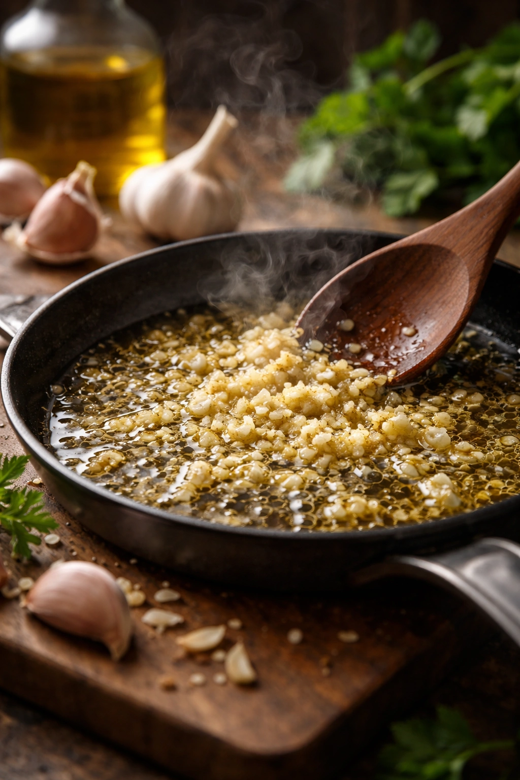 Garlic sizzling in olive oil in a pan