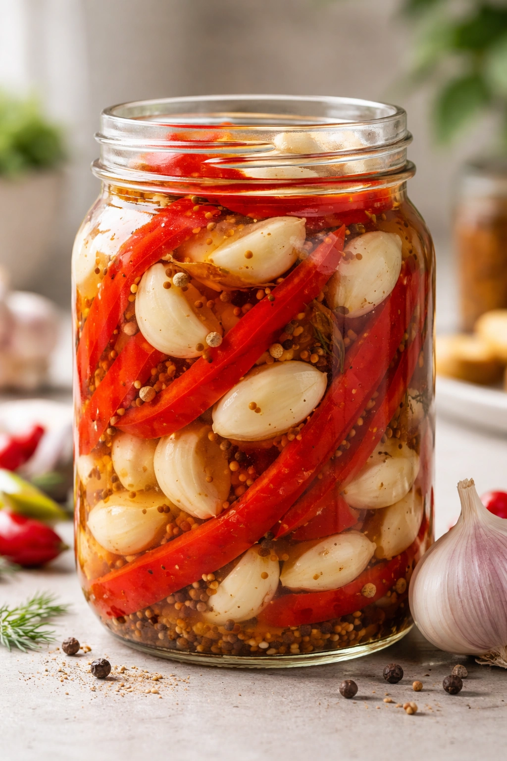 Garlic and red pepper pickles in a jar with peppers and garlic
