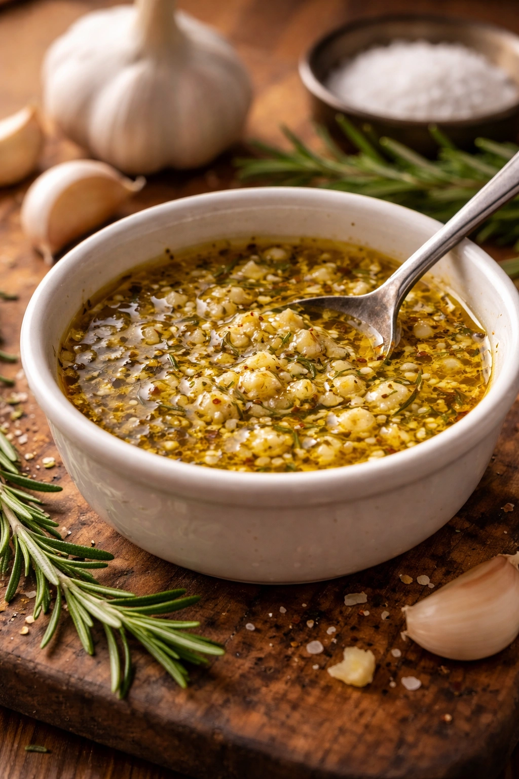 Melted garlic rosemary butter in a small dish with herb flecks