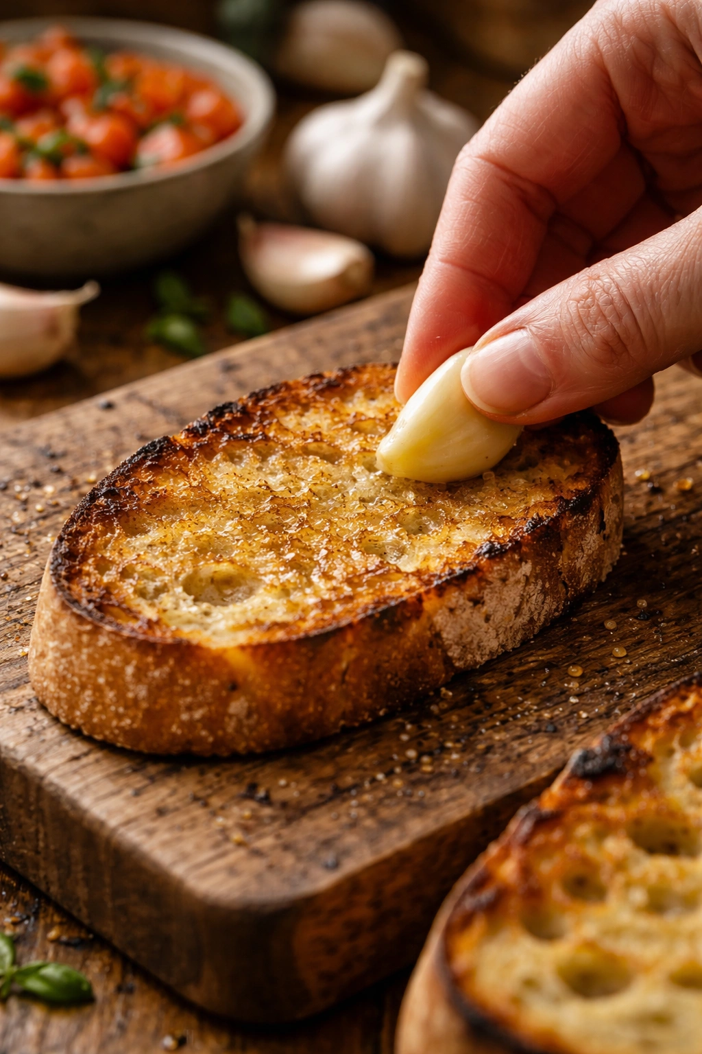 Toasted bread being rubbed with garlic for bruschetta flavor