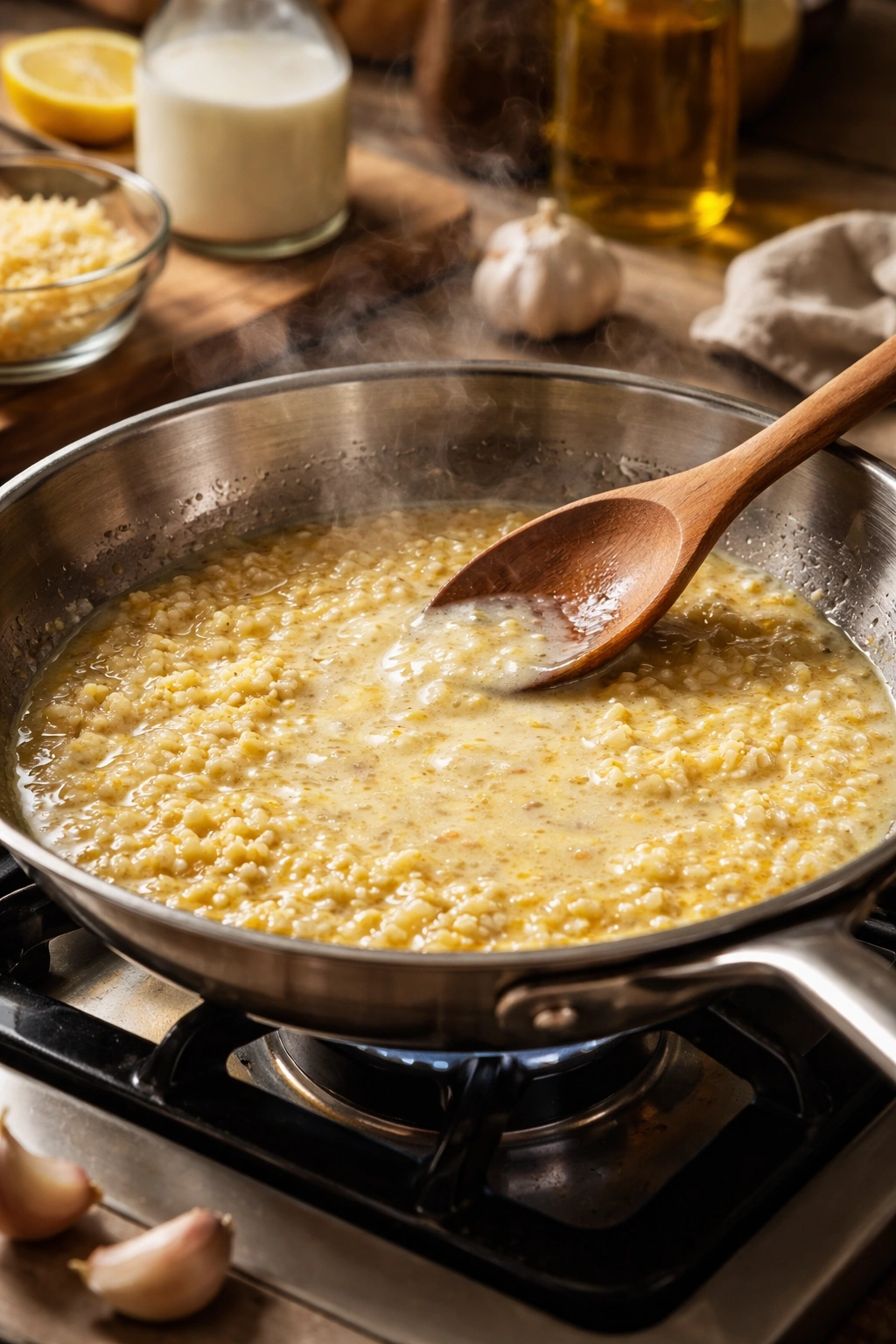 Skillet with melting butter and sizzling garlic forming a glossy emulsion