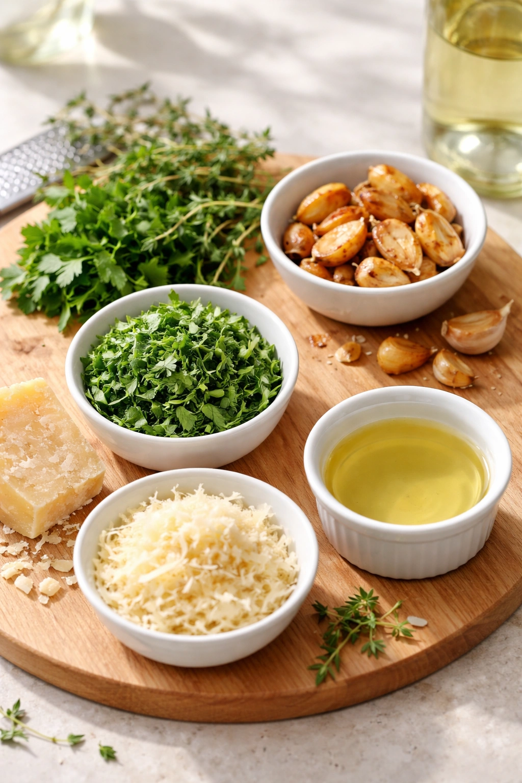 Visual of flavor variation components for creamy garlic sauce: herbs, roasted garlic, aged cheese, and wine hint