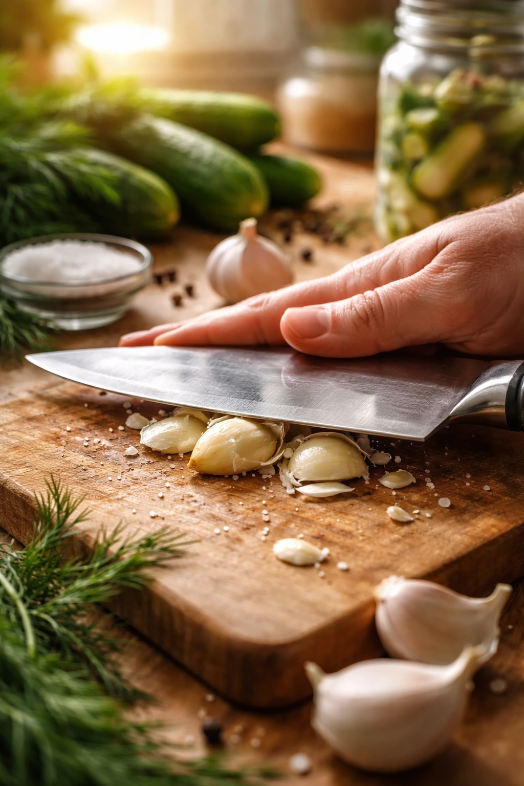 Garlic cloves being smashed on a cutting board for flavor extraction
