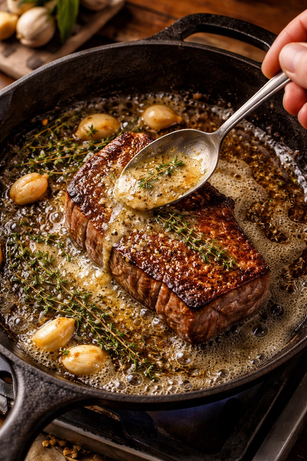 Butter basting steak with garlic and thyme for flavor