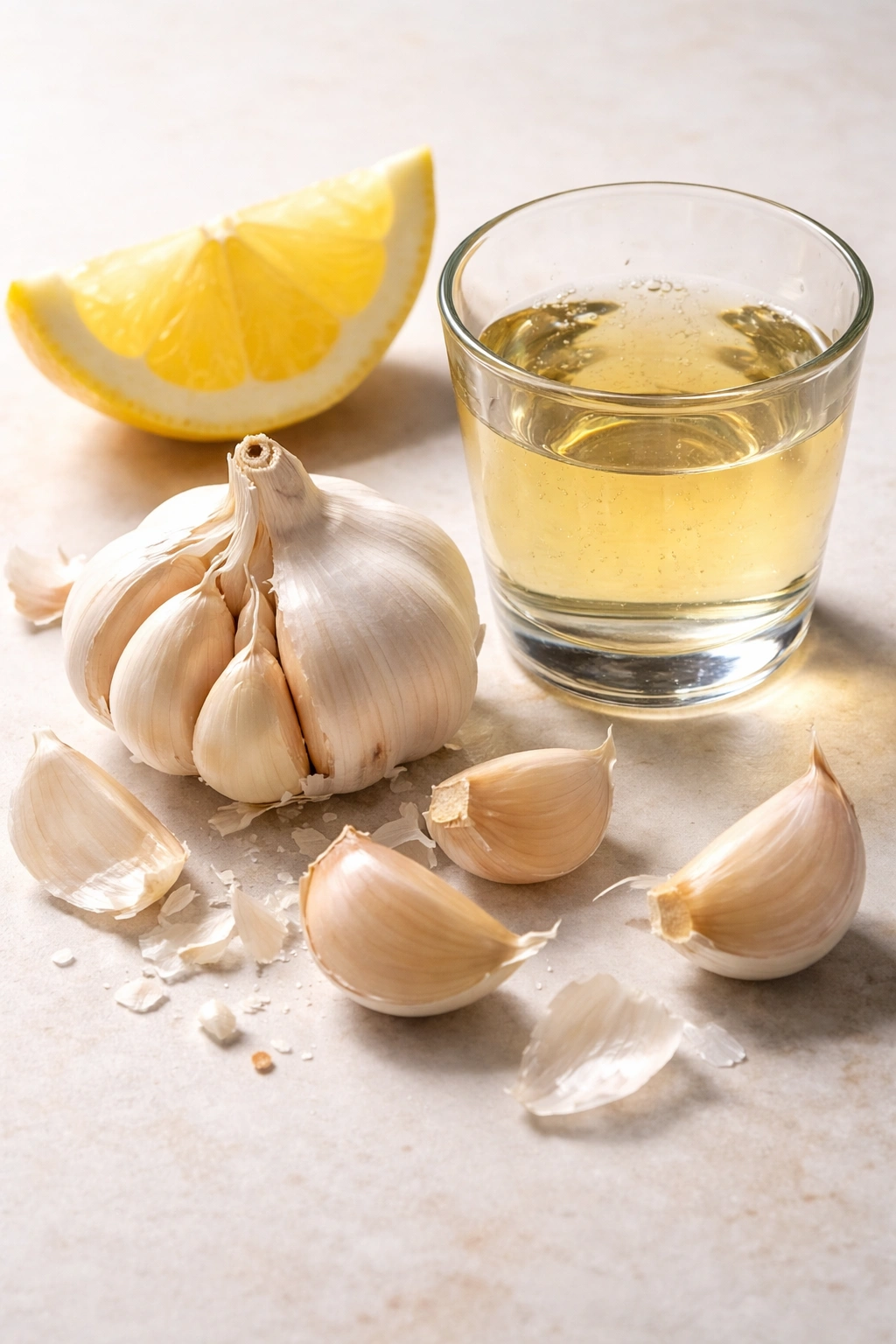 Garlic, white wine, and lemon arranged for flavor layers