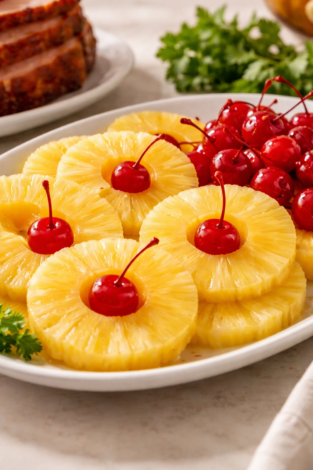 Close-up of maraschino cherries and pineapple garnish on a platter