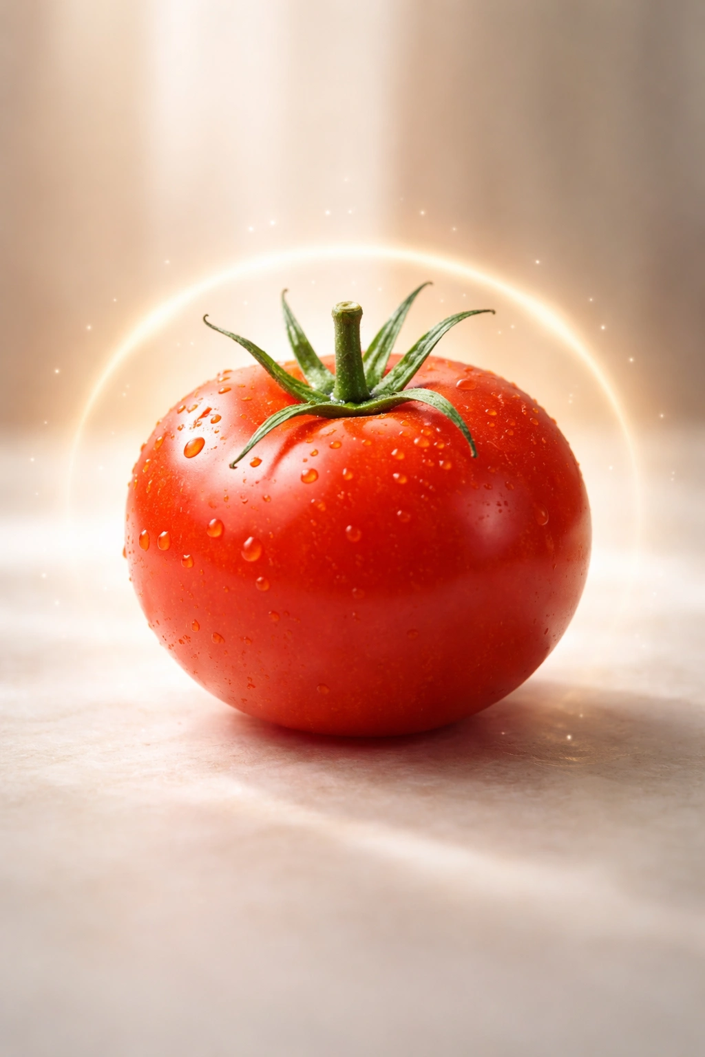 Tomato on plain background with soft glow to imply relief from tomato-related gas and bloating