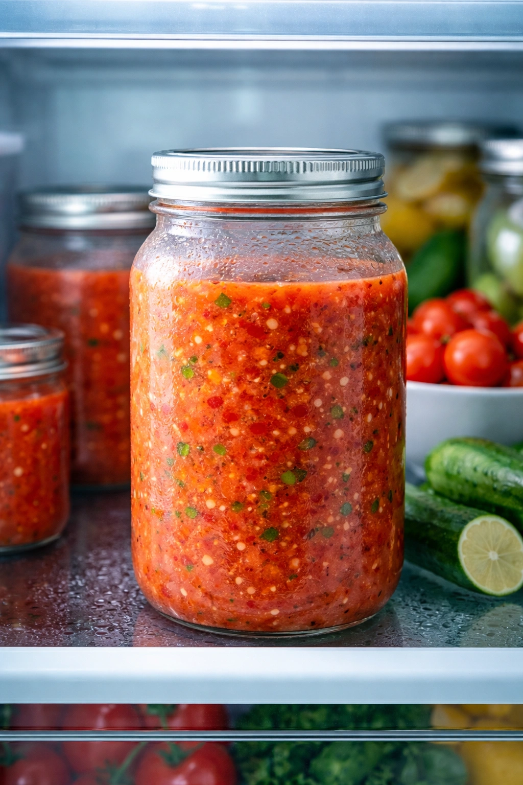 Chilled gazpacho in a glass jar in refrigerator