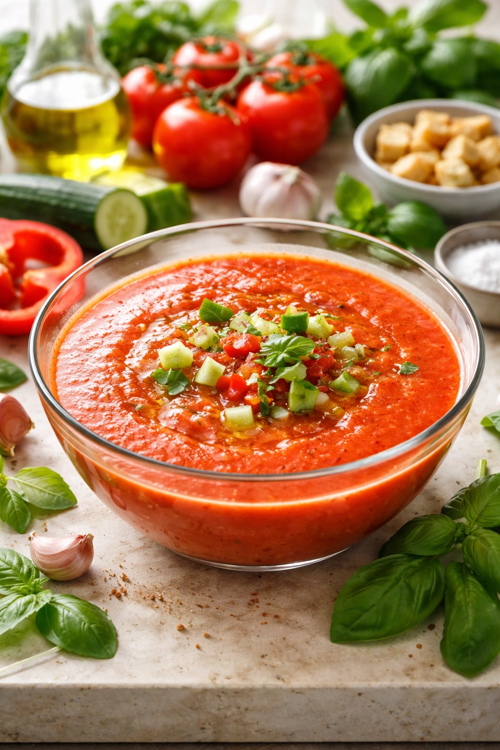 Velvety gazpacho in a glass bowl with olive oil sheen