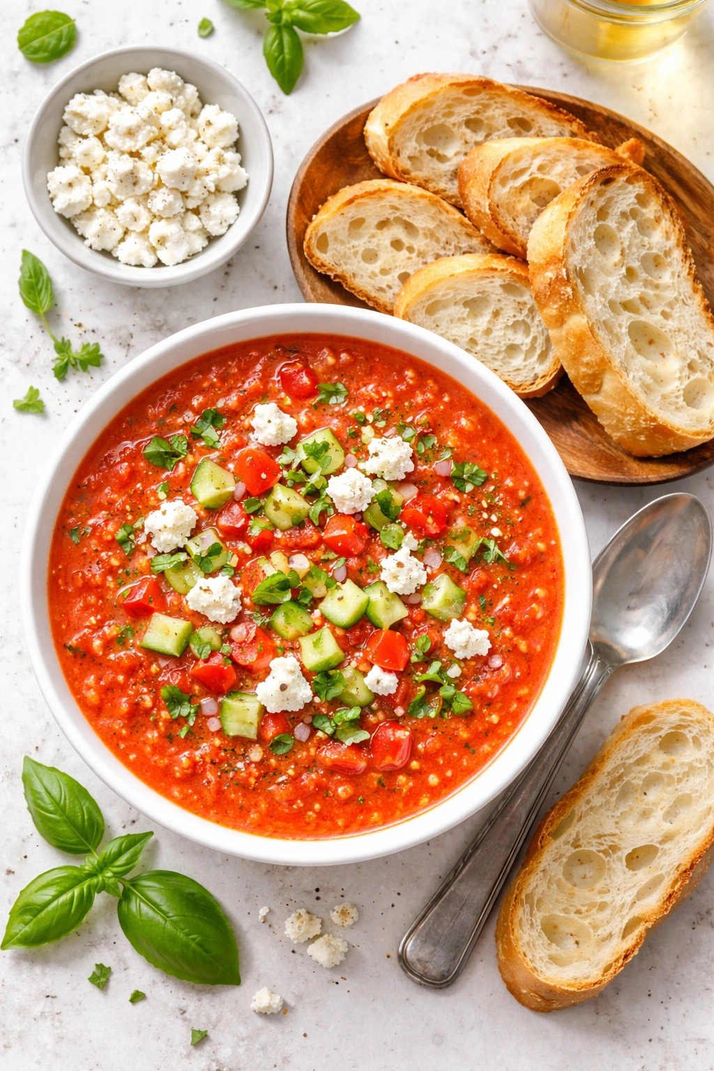 Gazpacho in a bowl with crusty bread and goat cheese on the side