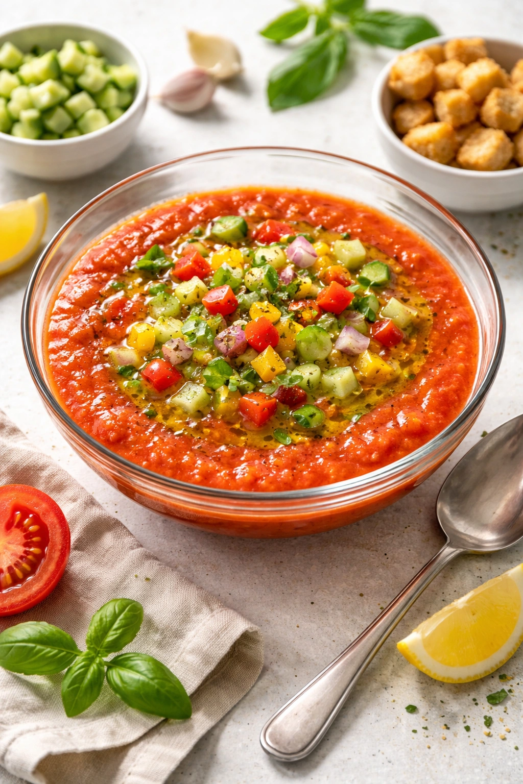 Chilled gazpacho in a glass bowl with cucumber and peppers.