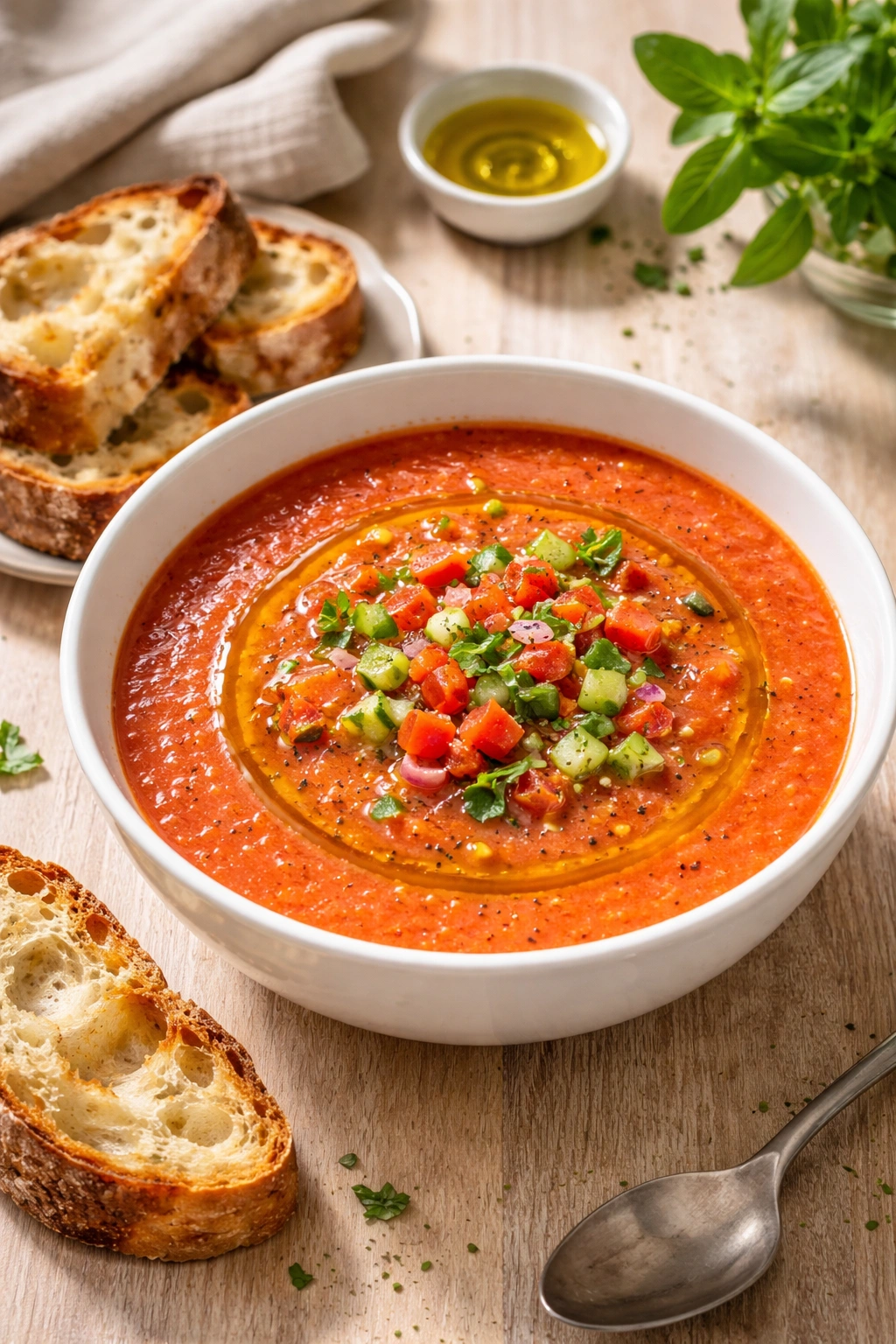 Bright red gazpacho in a white bowl with olive oil ring