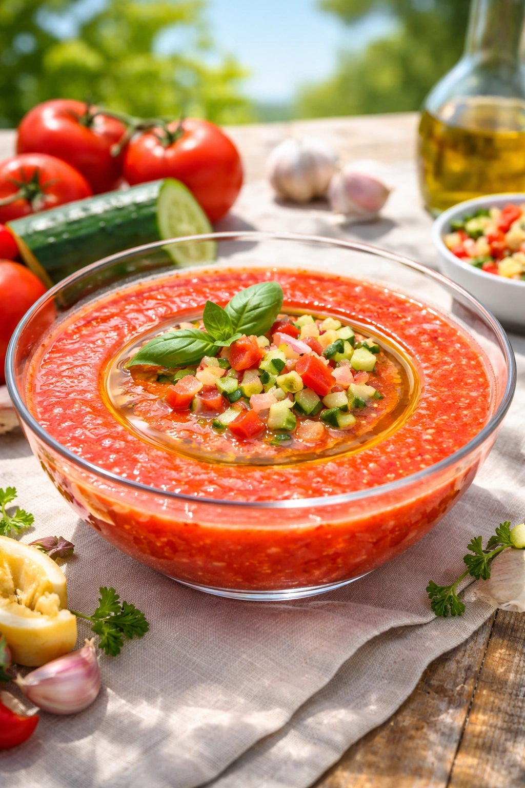 Cold gazpacho in a glass bowl with olive oil swirl under bright sun