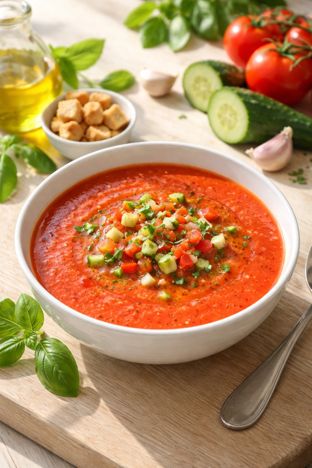 Bright red gazpacho in a bowl on wood, refreshing summer soup