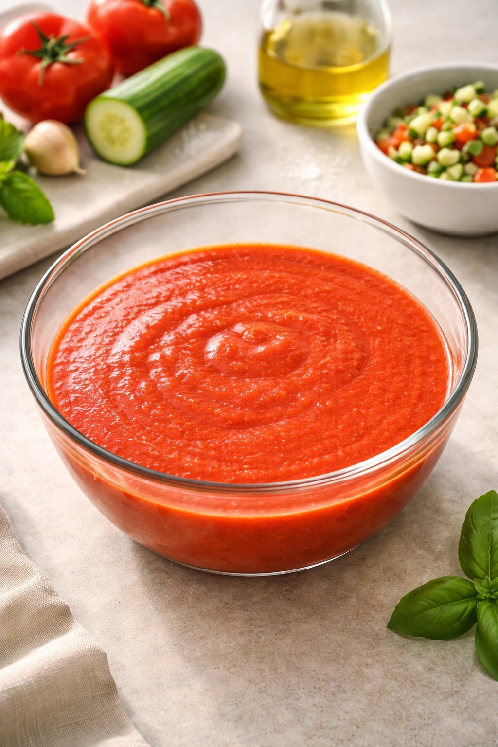 Bright red gazpacho in a glass bowl on a clean kitchen counter