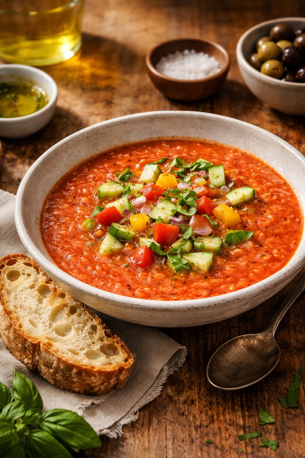 Gazpacho served with bread on a rustic table
