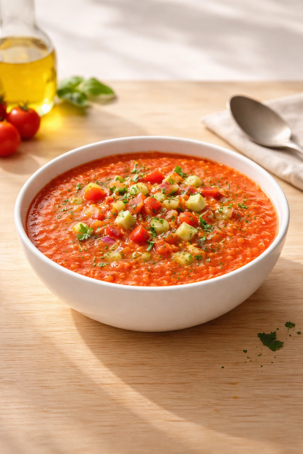 Close-up of bright gazpacho in a bowl on a light wooden surface, summer cold soup.