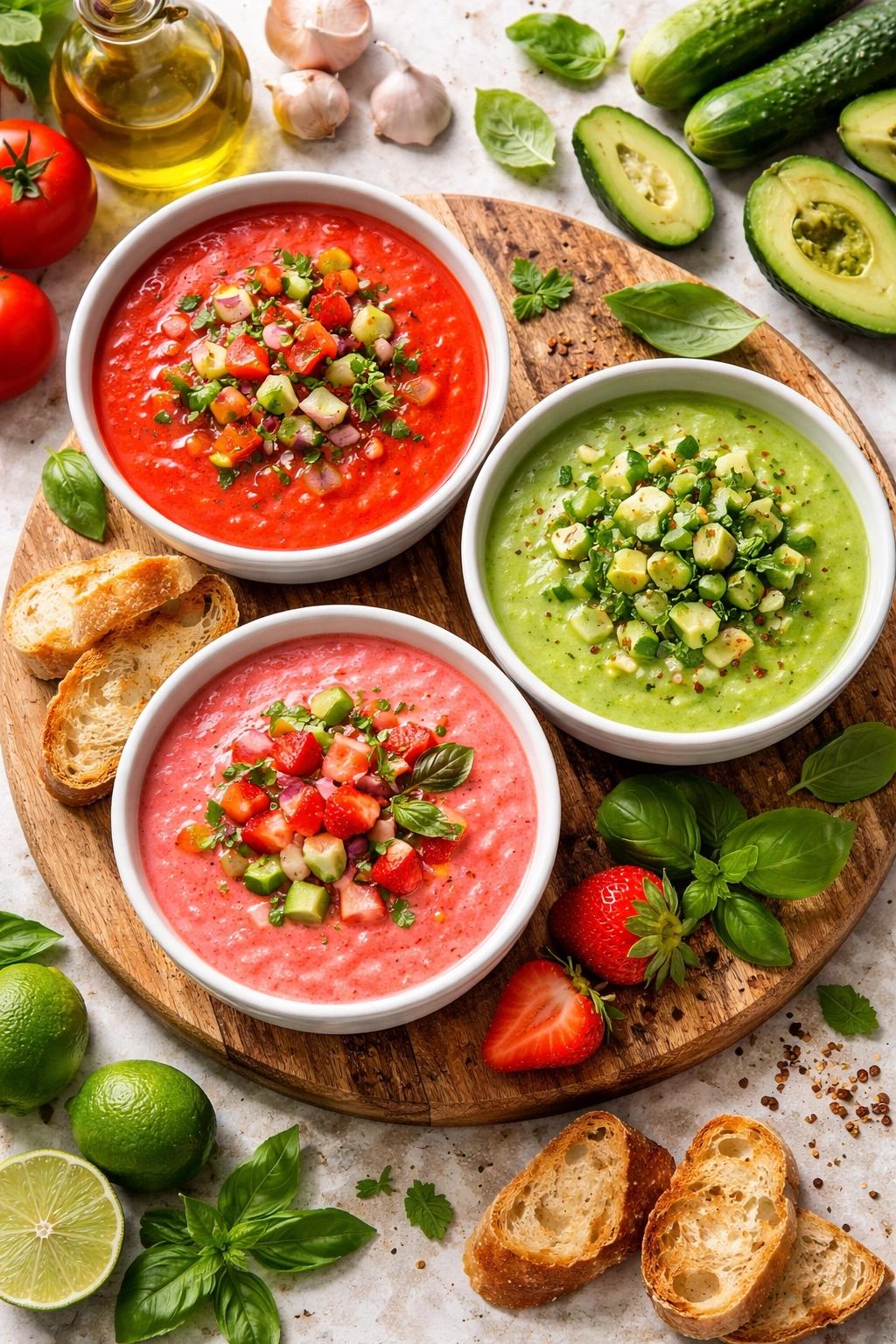 Three gazpacho variations in red, green, and pink on a wooden board
