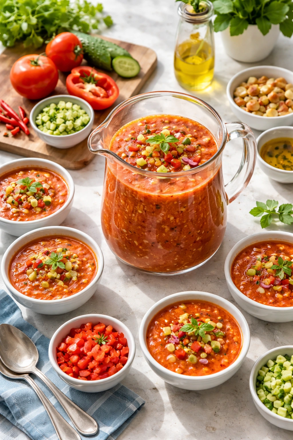 Gazpacho ready to serve in pitcher with bowls