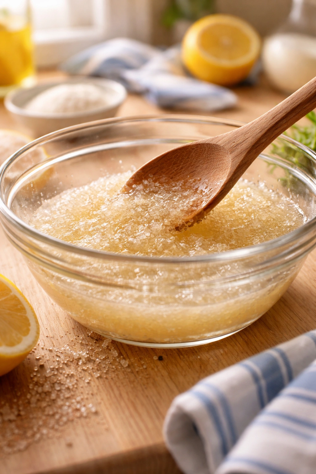 Gelatin blooming in a glass bowl on a warm kitchen counter for a quick Atlantic Beach Pie.