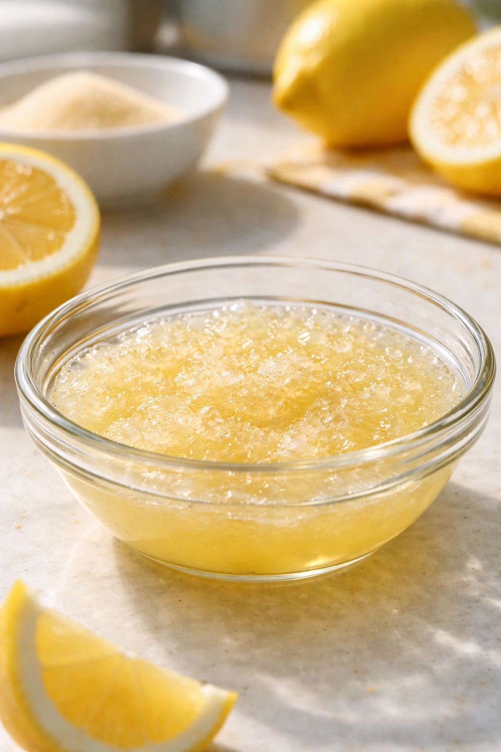 Gelatin blooming in lemon juice in a glass bowl