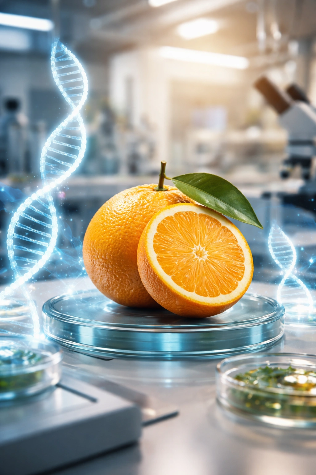 Futuristic lab scene with a citrus fruit and glowing molecular structures around it.