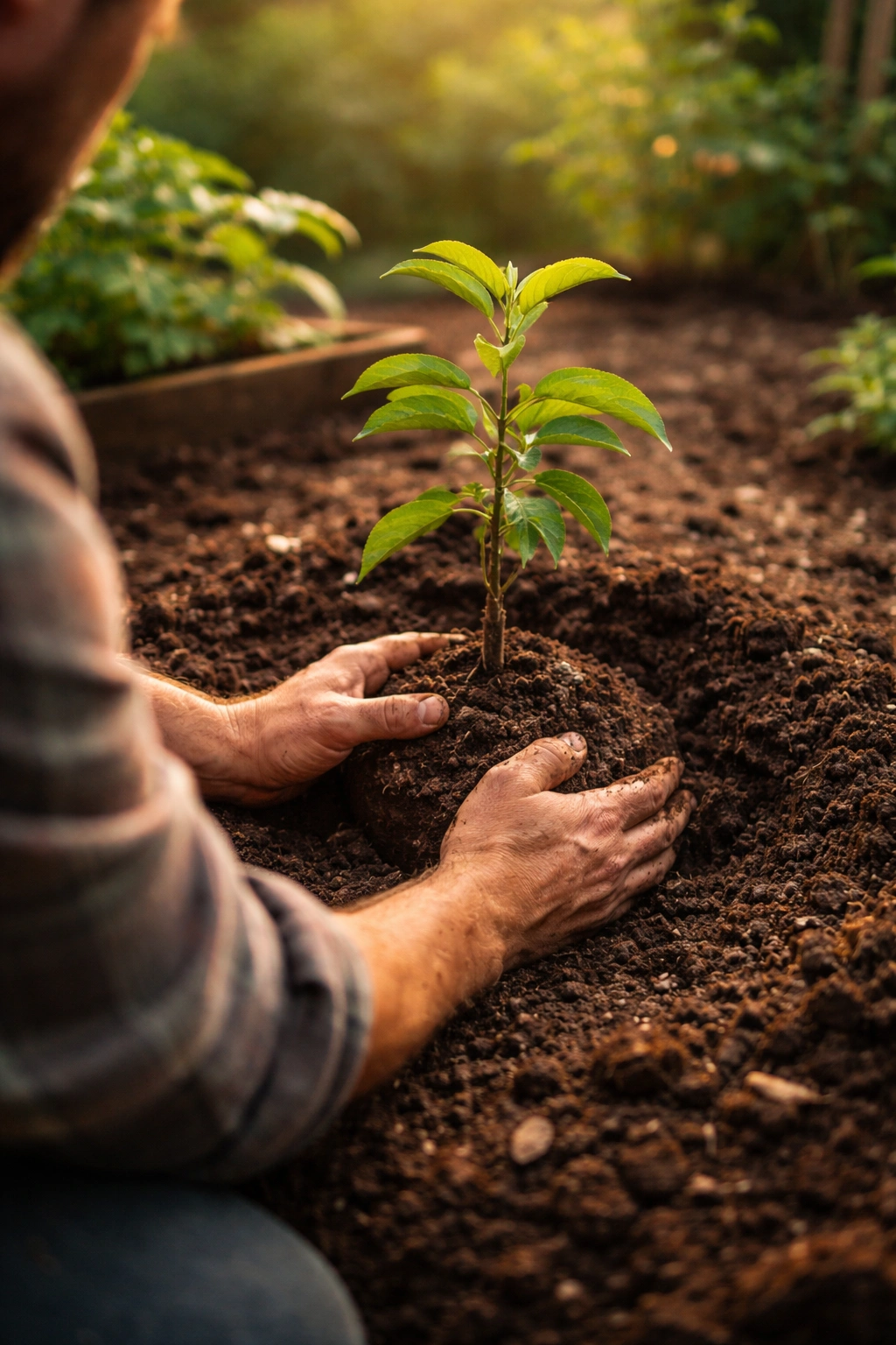 Hands planting a fruit sapling into soil in a garden bed