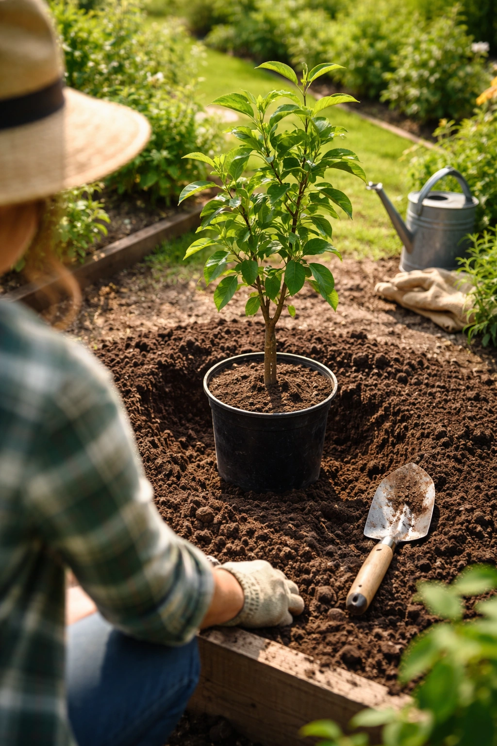 Young fruit tree in a pot ready for planting with trowel nearby.