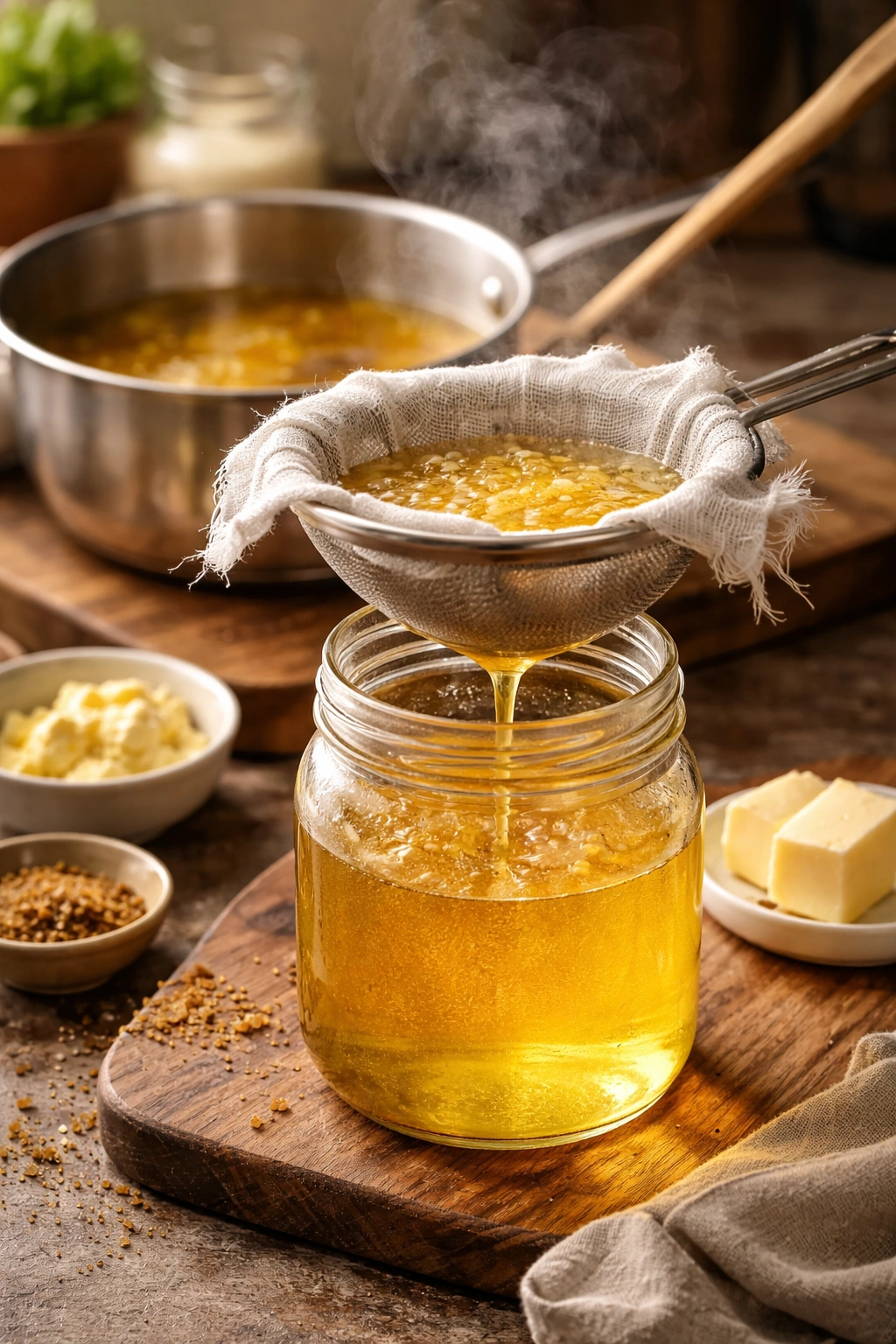 Golden ghee in a jar with a cheesecloth strainer
