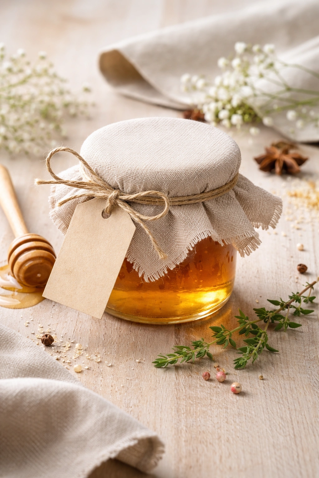 Minimalist glass jar with linen wrap and twine on a light wooden surface.