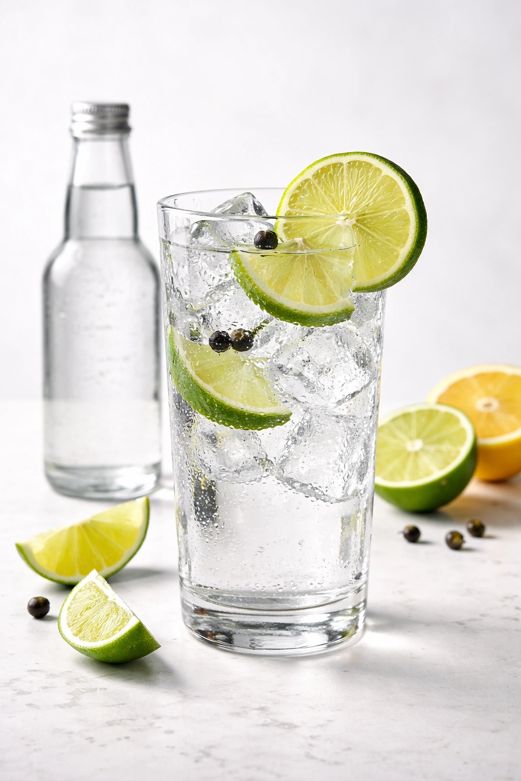 Highball glass of gin and tonic with citrus wheel