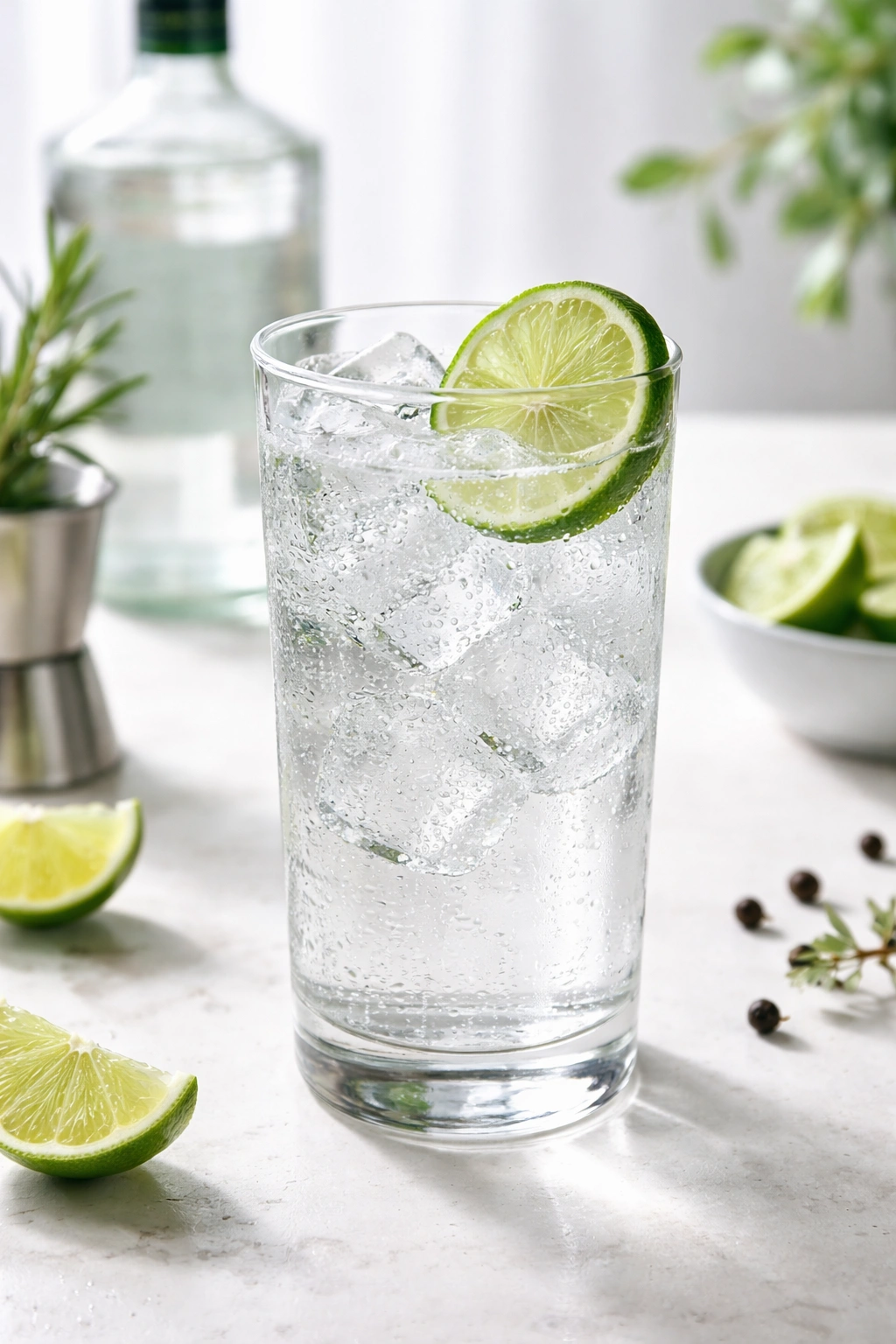 Gin and tonic with lime wheel in highball glass