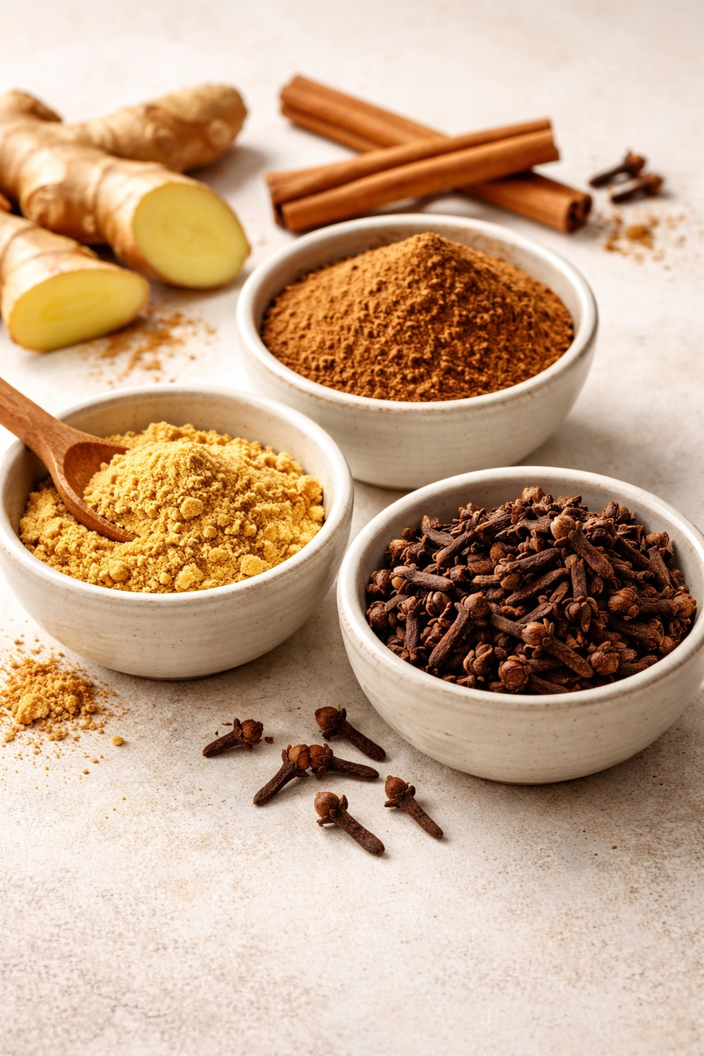 Three small bowls with ginger, cinnamon, and clove on a neutral surface