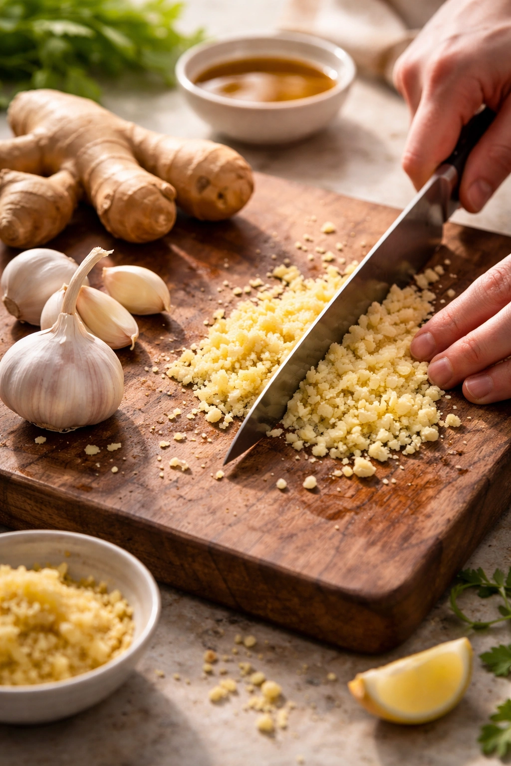 Close-up of fresh minced ginger and garlic on a cutting board with sesame oil in the background