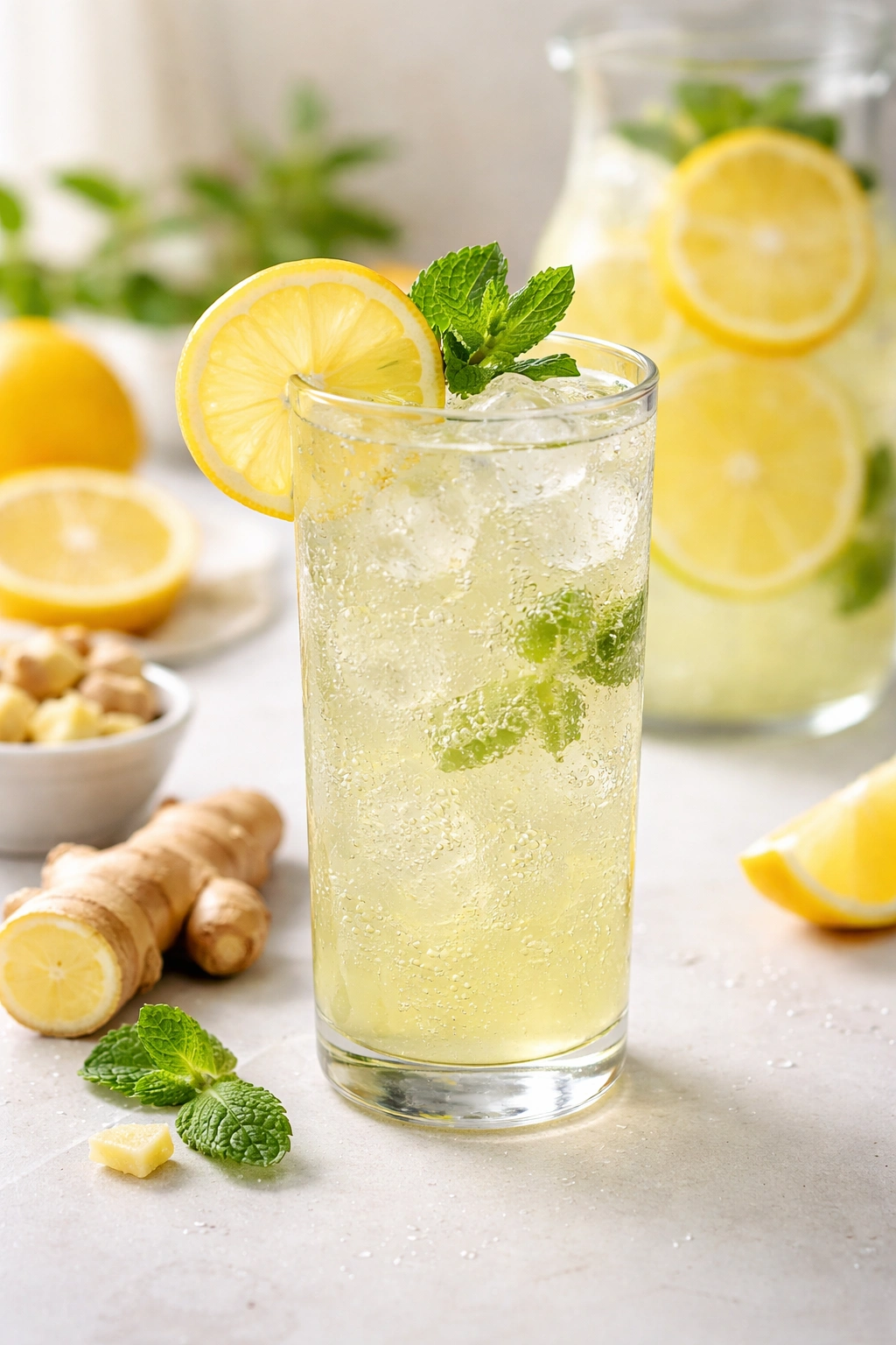 Glass of sparkling ginger lemonade with lemon slice