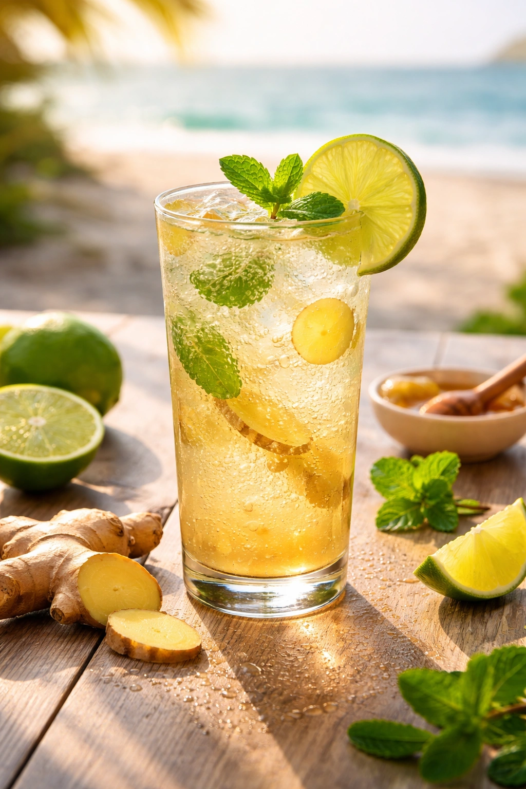 Close-up of a sparkling ginger lime fizz in a glass with ginger shavings and lime wheel on rim, beachy golden-hour light