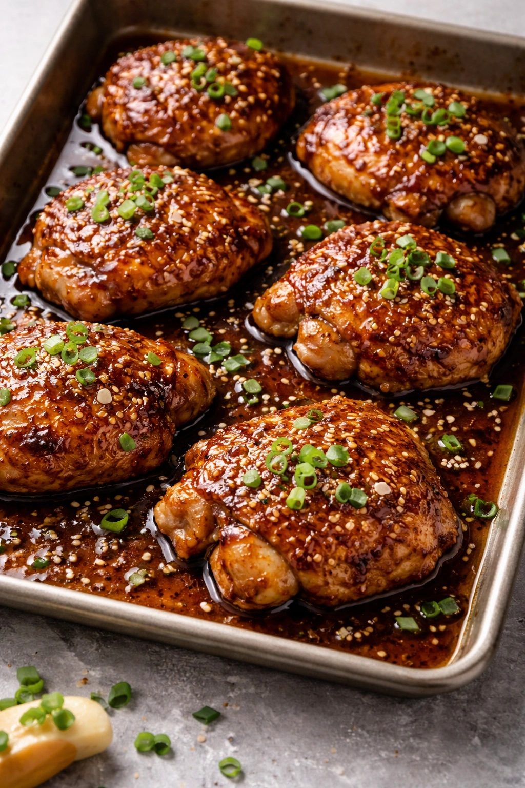 Ginger-soy glazed chicken thighs on a sheet pan