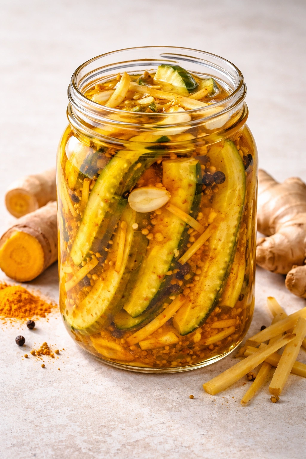 Golden ginger-turmeric pickles in a jar with ginger and garlic