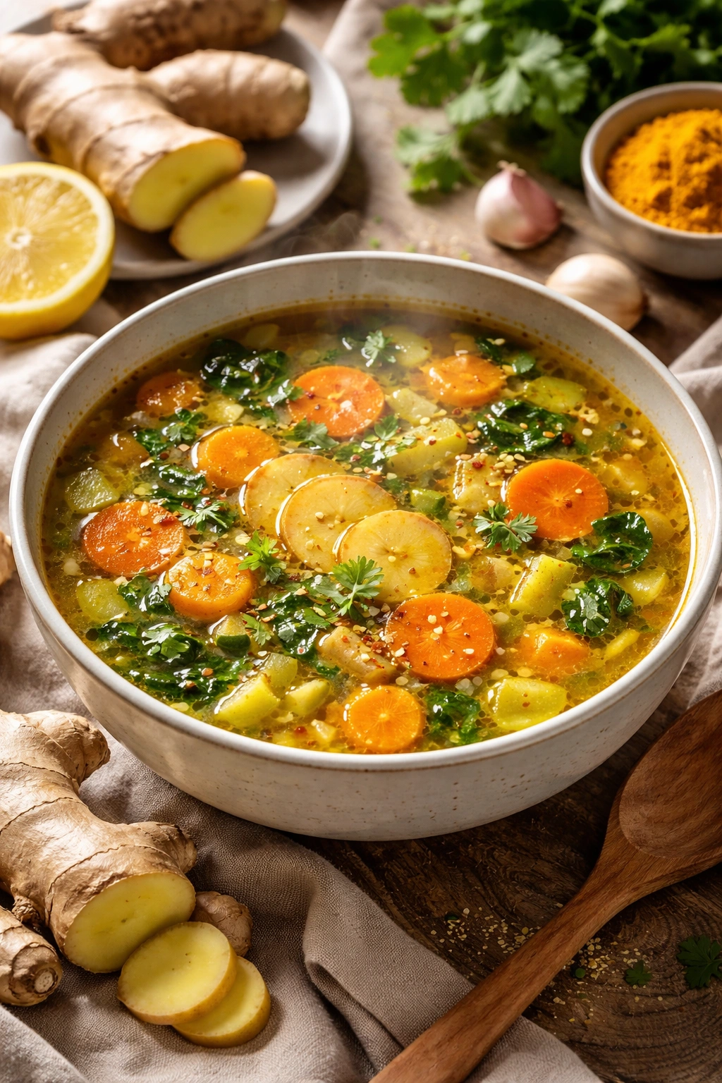 Bowl of ginger and turmeric vegetable soup steaming hot.